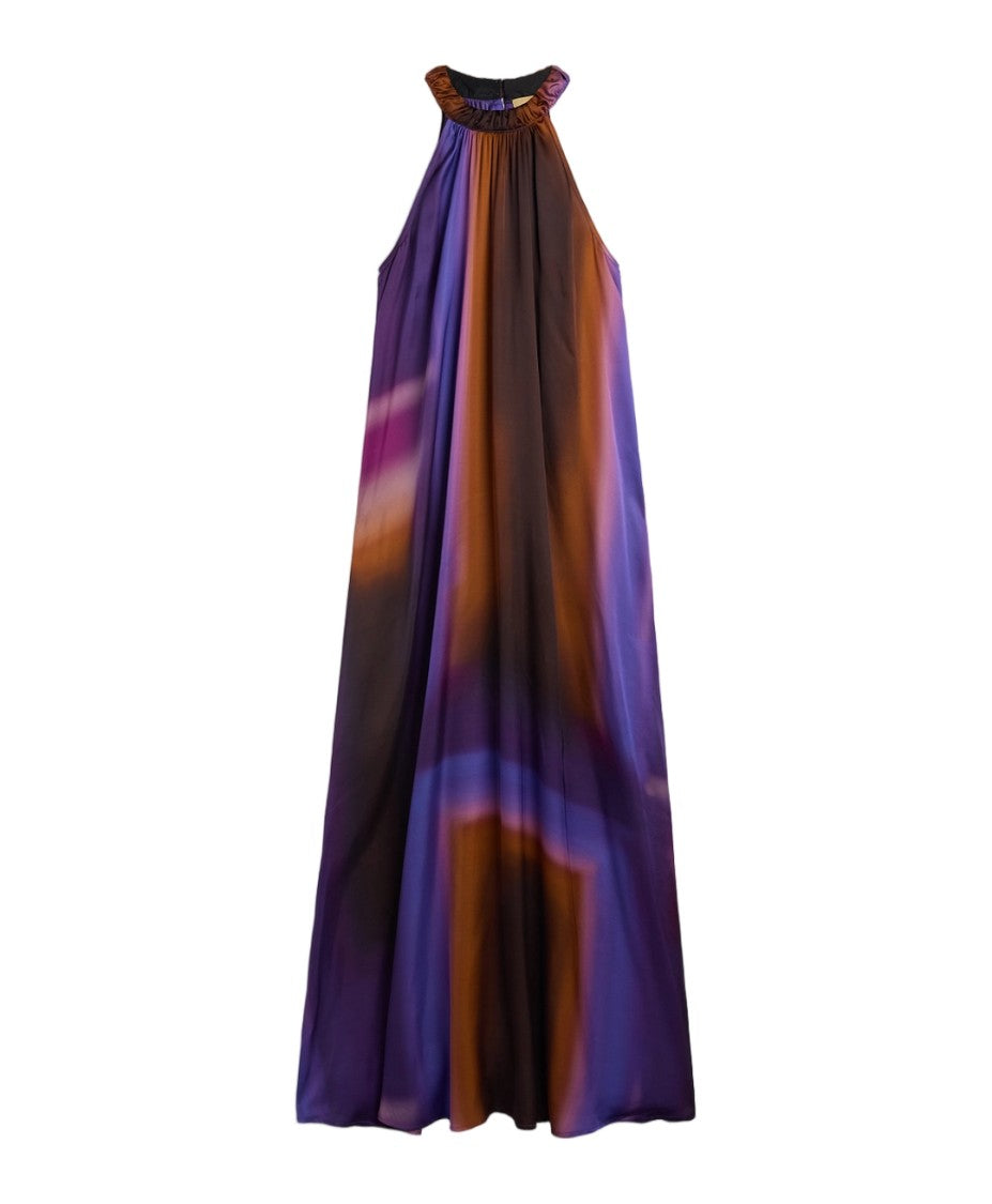 Momonì Iris/Caramello Abstract Print Satin High-Neck Maxi Dress