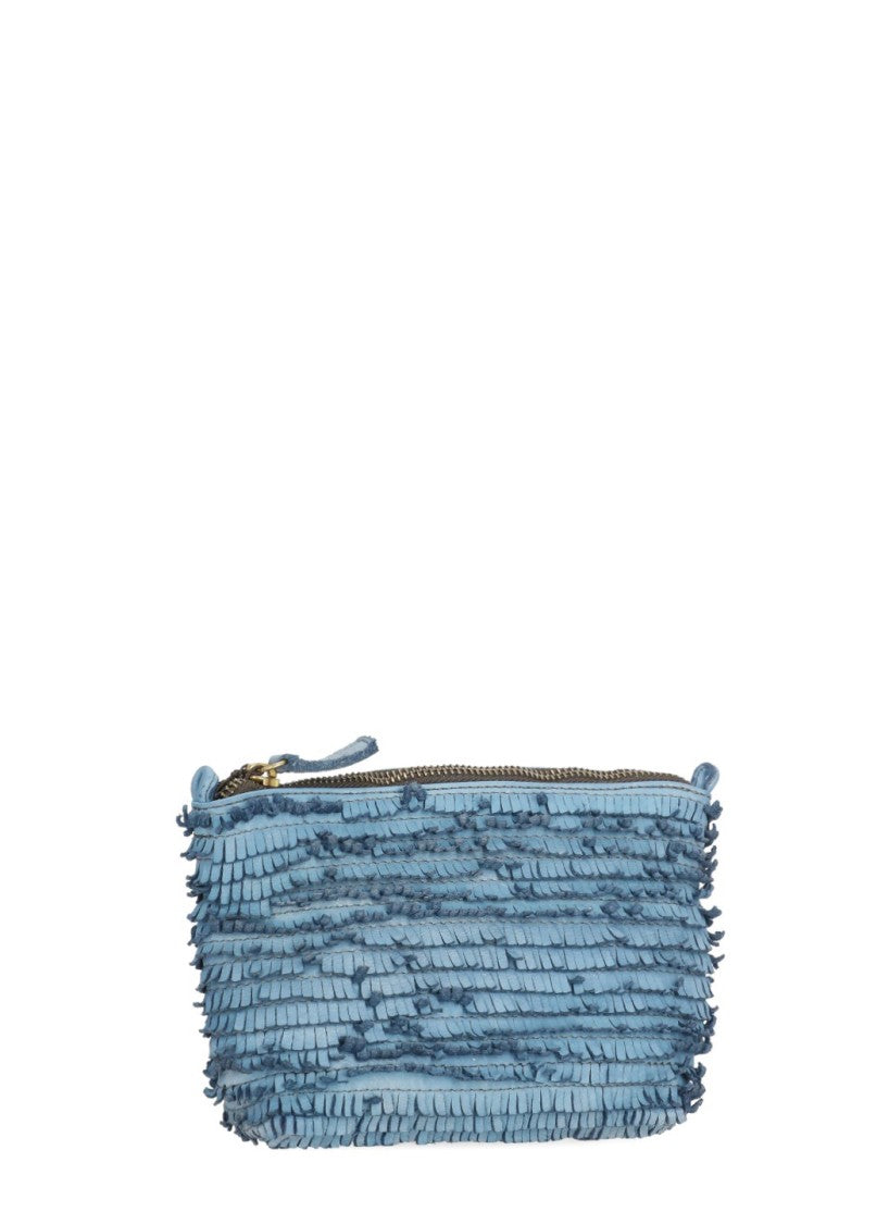Majo Textured Blue Leather Shoulder Bag With Fringed Details