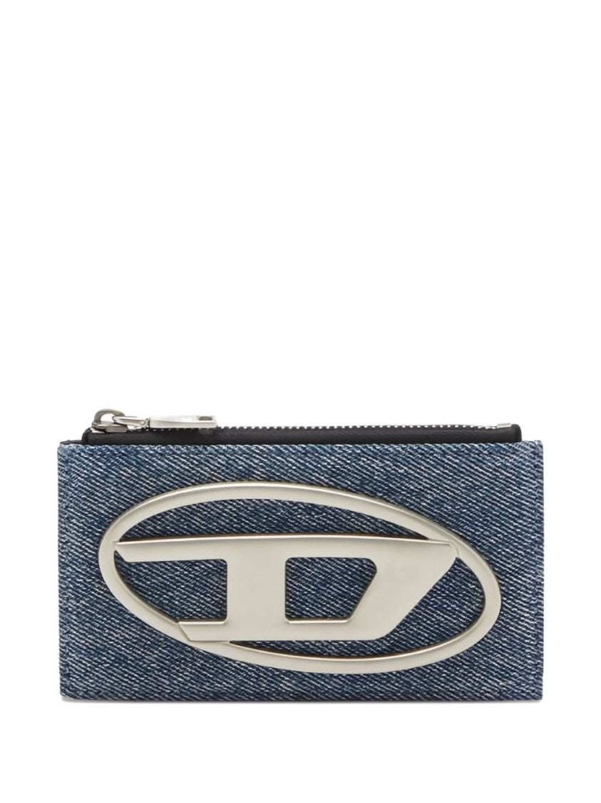 Diesel Silver-tone Logo Zip Denim Card Holder