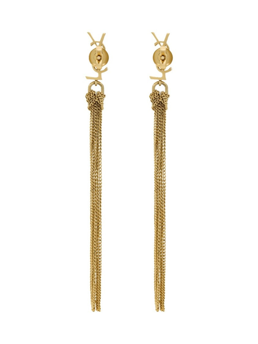 Saint Laurent Brass Logo Chain Tassel Earrings