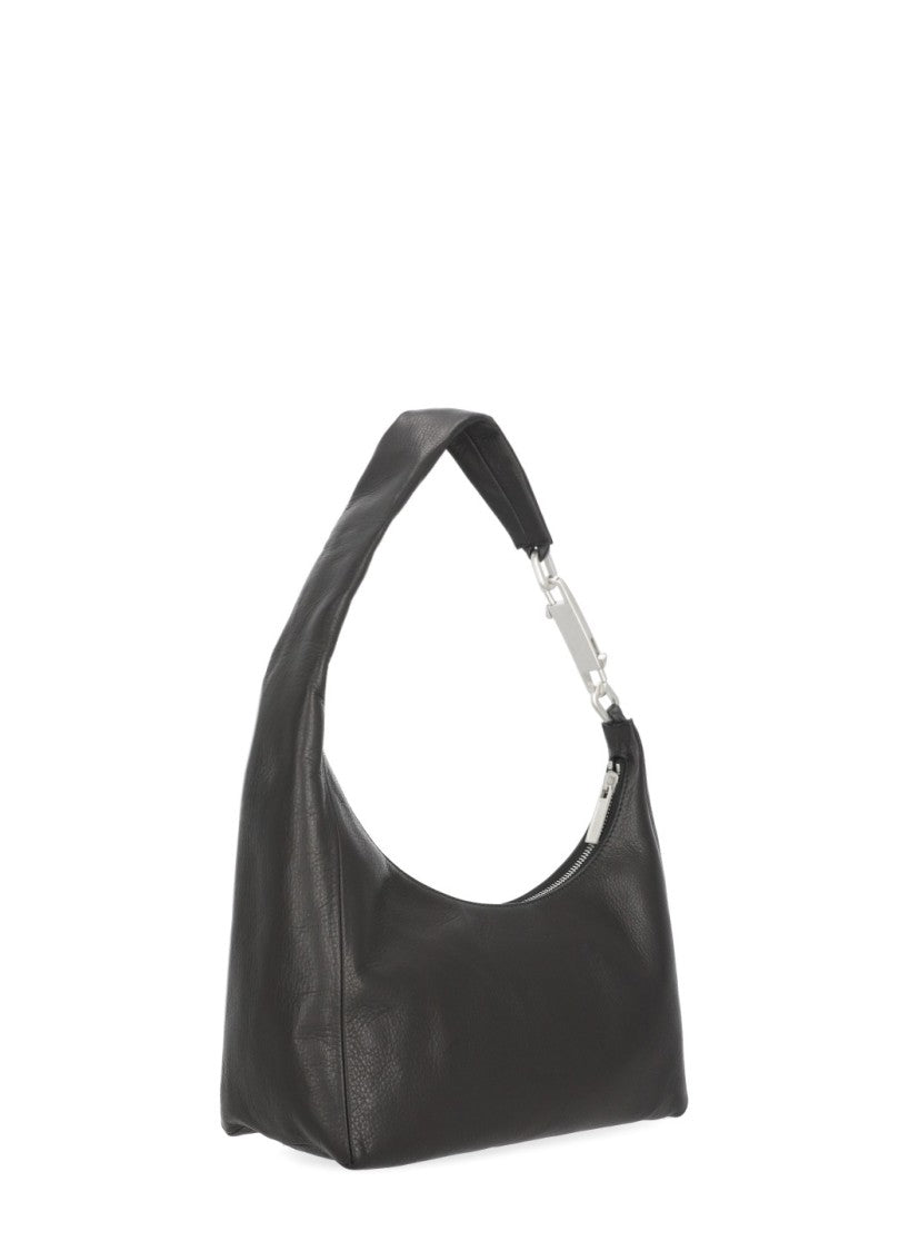 Rick Owens Minimalist Black Leather Bag With Silver Carabiner And Internal Pocket