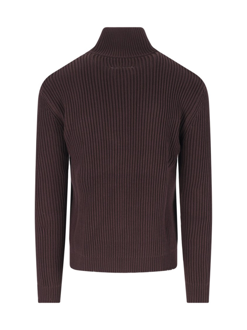 Mm6 By Maison Margiela Brown Ribbed Cotton Zip Turtleneck
