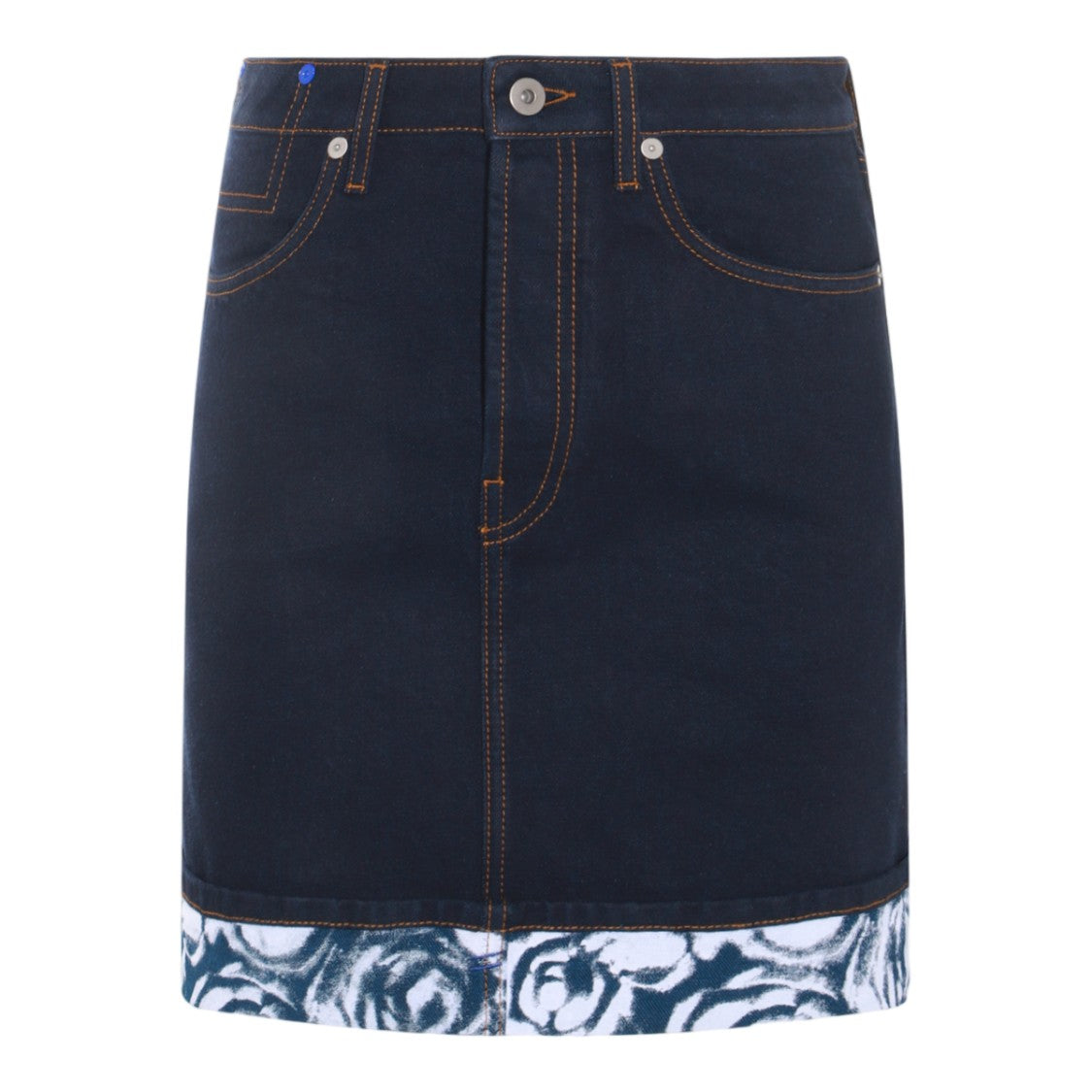 Burberry Dark Denim Skirt With Contrast Stitching And Floral Hem