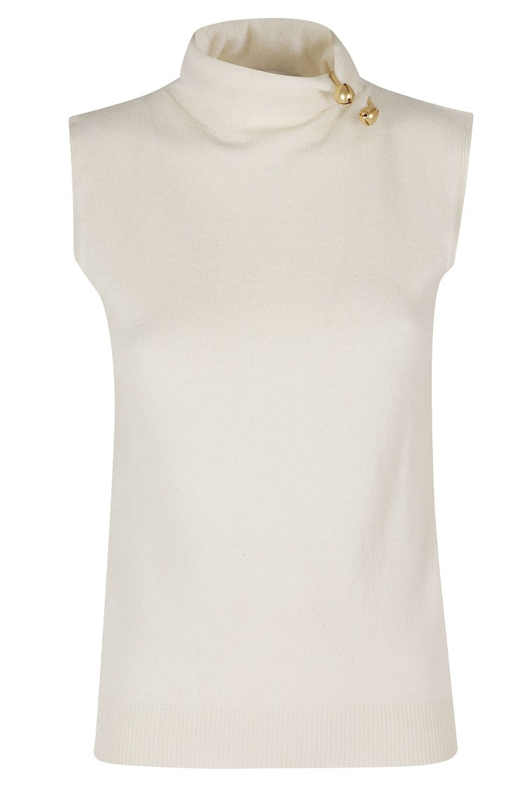 Alberta Ferretti White Ribbed Trim Removable Jewel High Neck Wool-Blend Tank Top