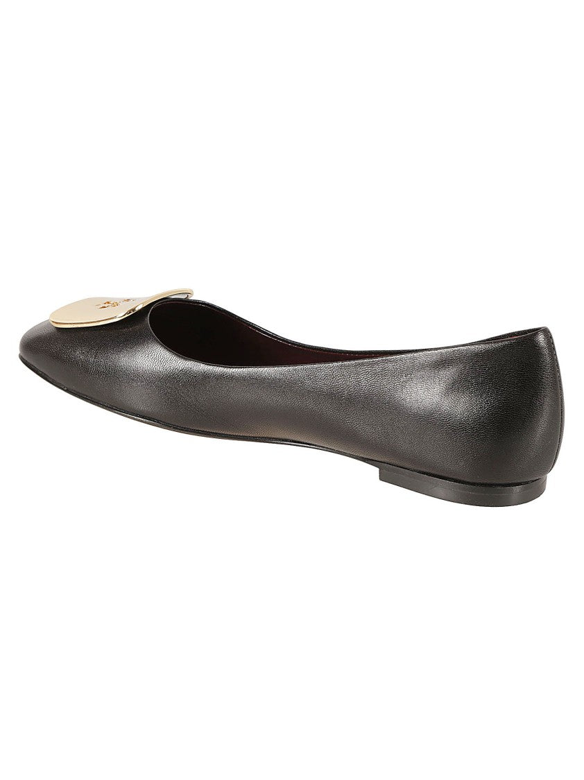 Tory Burch Rounded Toe Black Caprine Leather Flat Shoes
