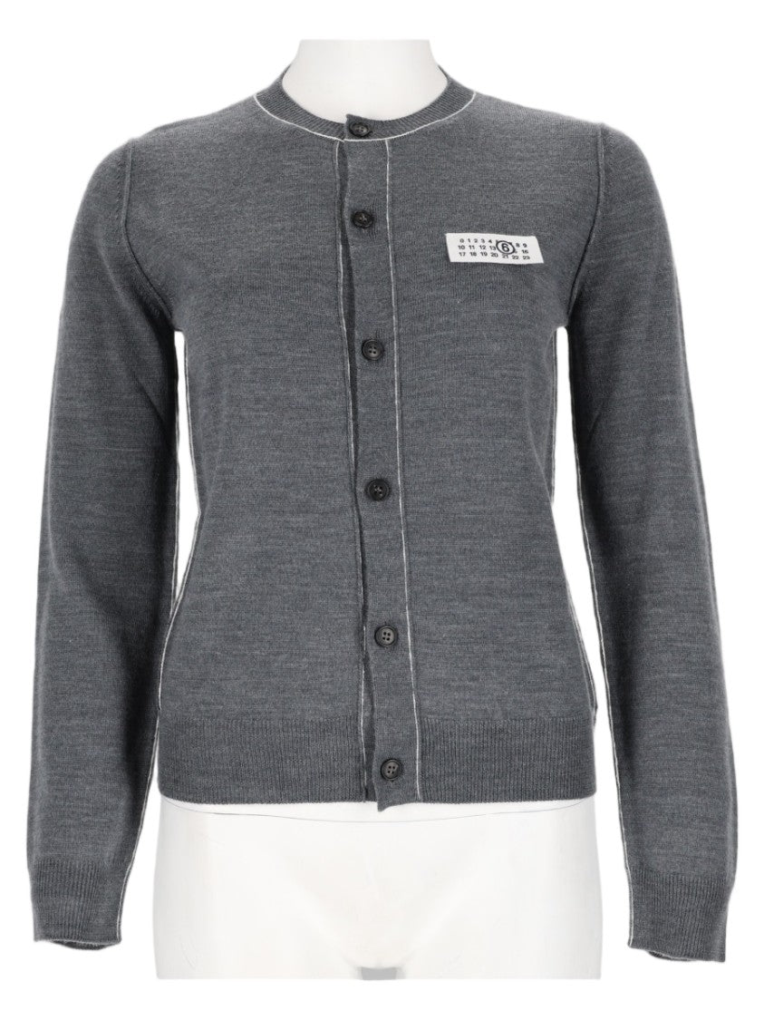 Mm6 By Maison Margiela Button-Down Grey Knit Cardigan With Subtle Patch Detail