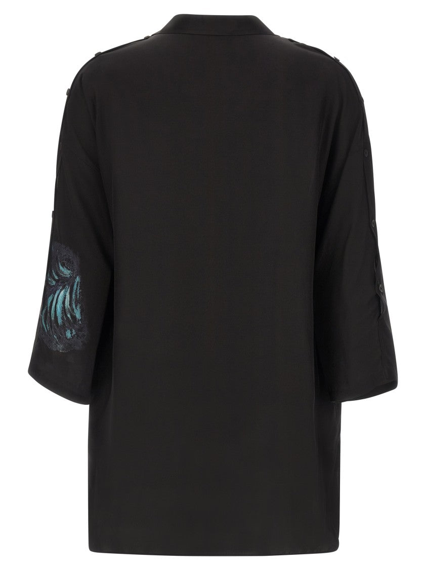 Yohji Yamamoto Marine Motif Satin Silk Shirt With Snap Button Closure
