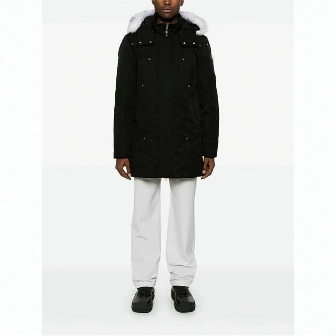 Moose Knuckles Hooded Long Black Padded Coat With Fur Trim And Multiple Pockets