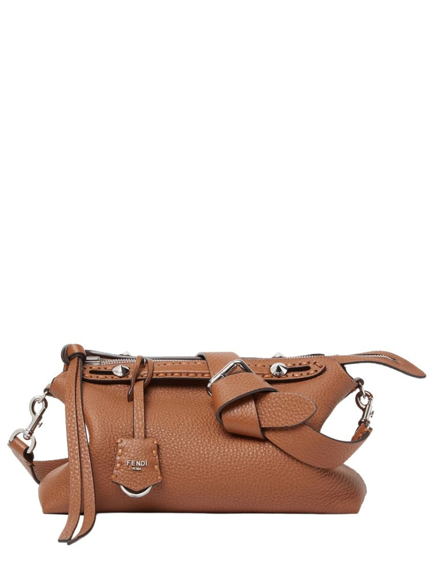 Fendi Structured Brown Leather Bag With Adjustable Strap And Silver Accents