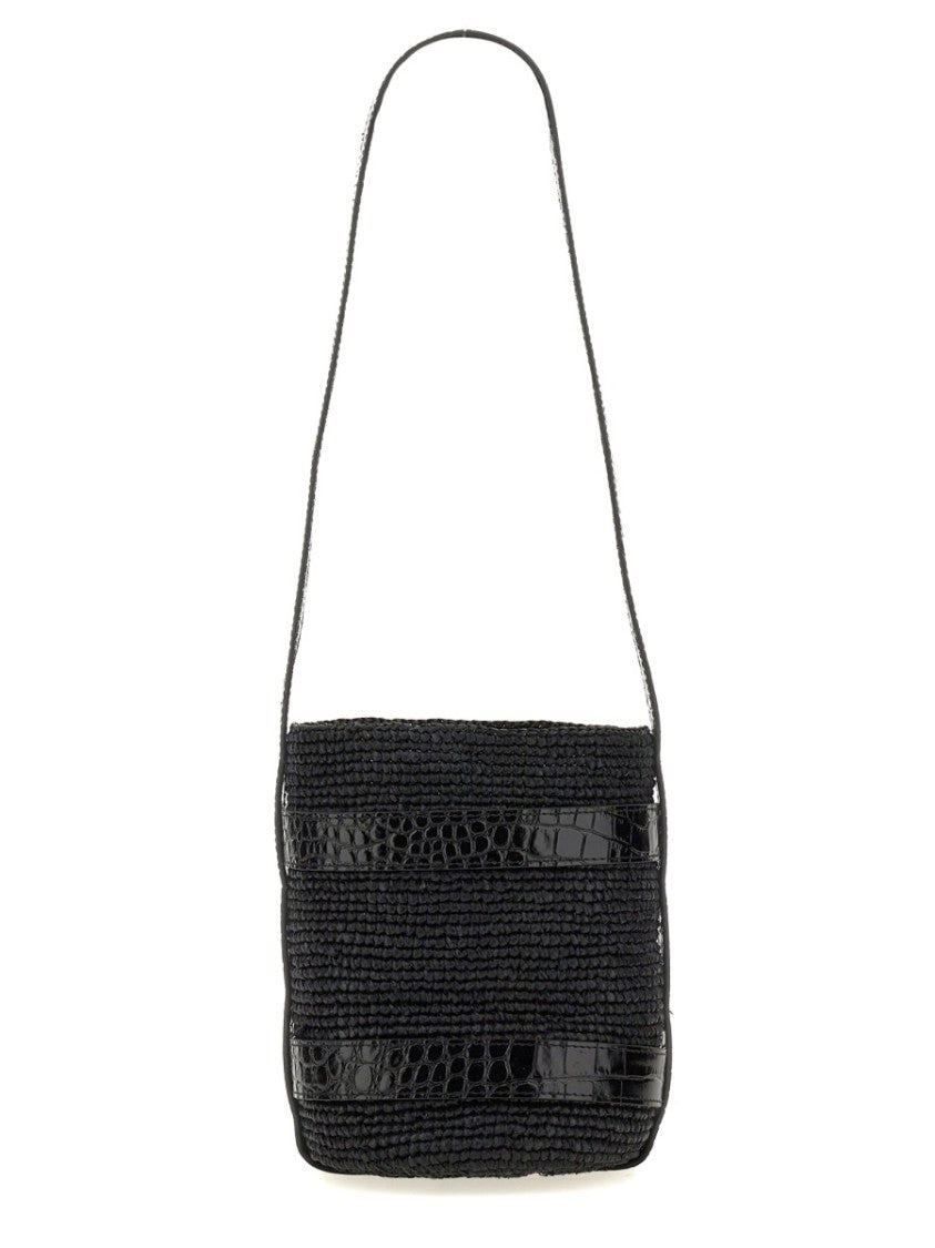 Manebi Textured Raffia Bucket Bag With Glossy Accents