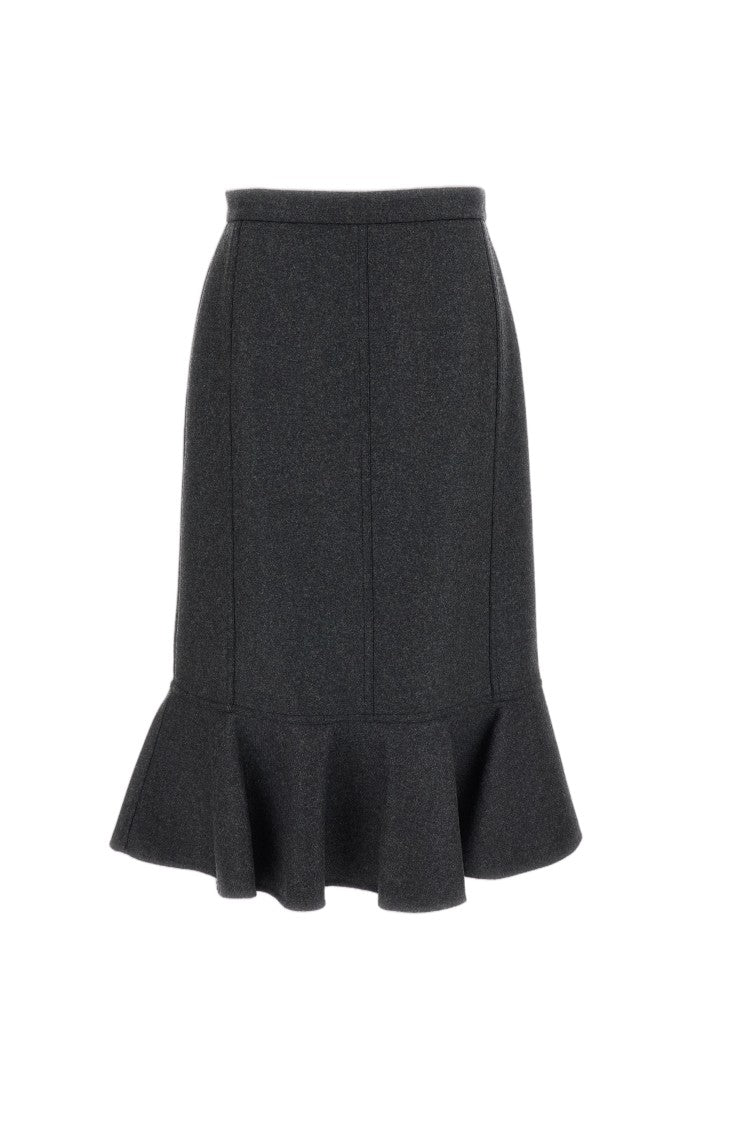 Plan C Grey Double Wool Ruffled Midi Skirt