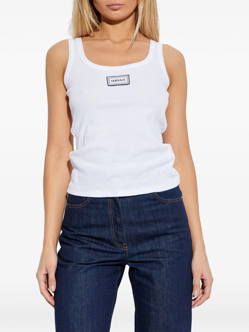 Versace White Fitted Logo Patch Cotton Top