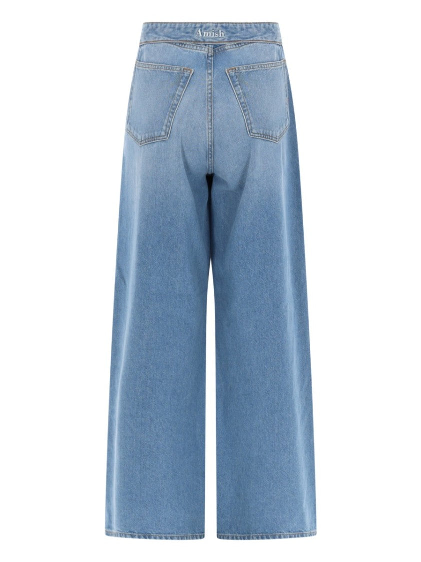 Amish Light Blue Roll Up Cropped Cotton Jeans