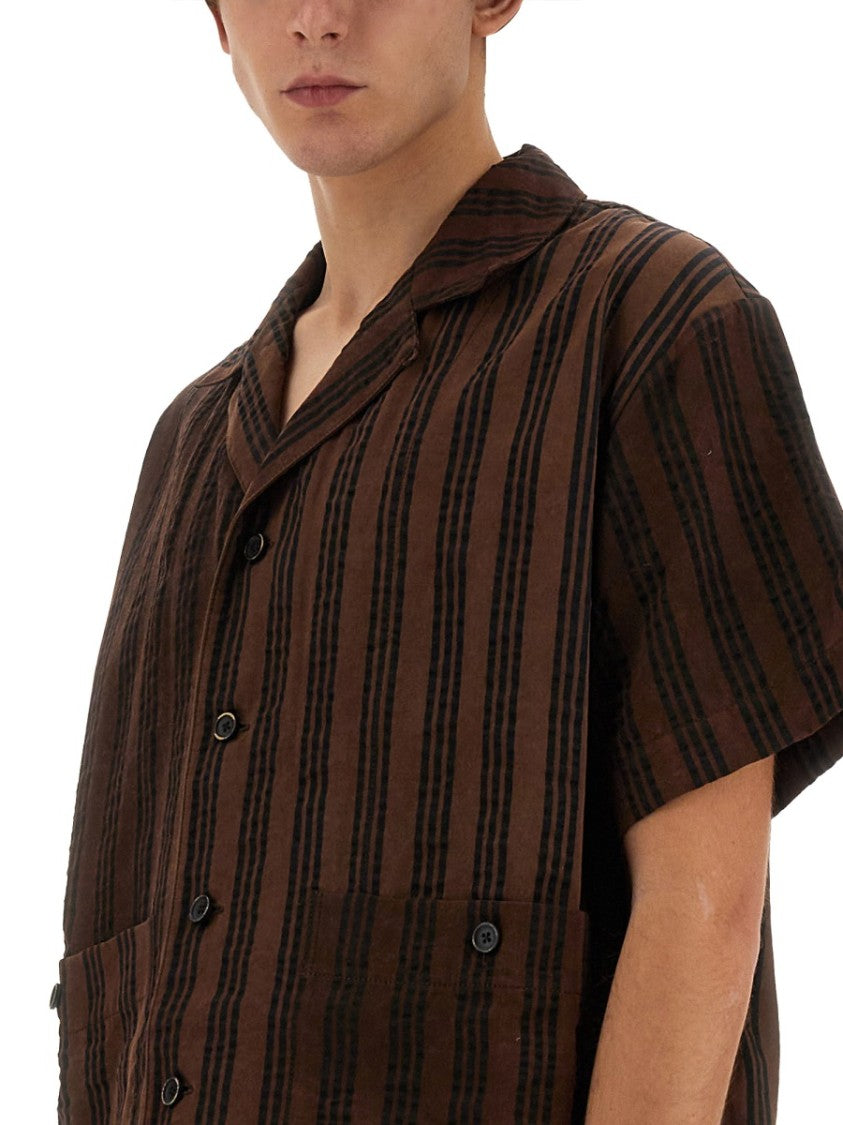 Uma Wang Striped Shirt With Oversized Collar And Textured Fabric