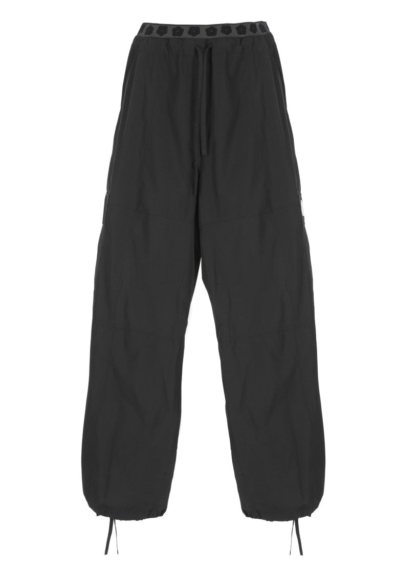 Kenzo Relaxed Fit Black Cotton Blend Pants With Logo Accents