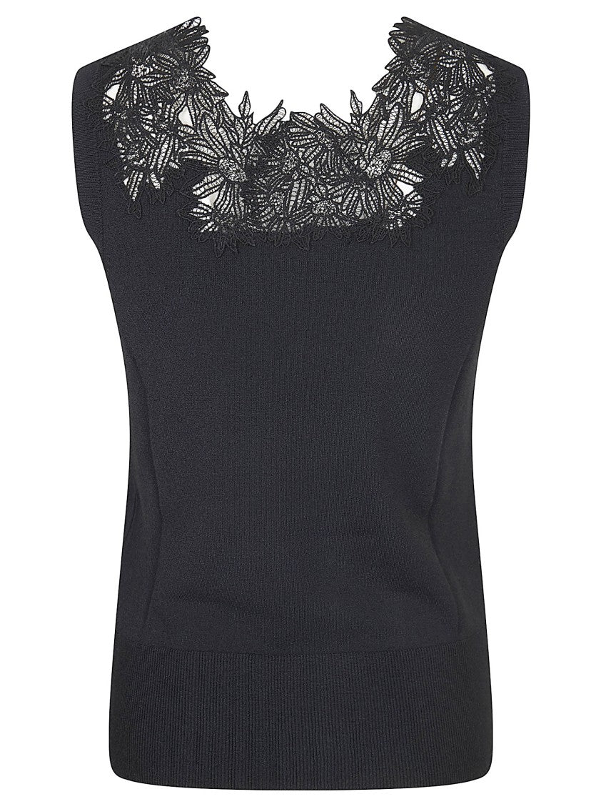 Ermanno Scervino Sleeveless V-Neck Knit Tank Top With Lace Embellishment