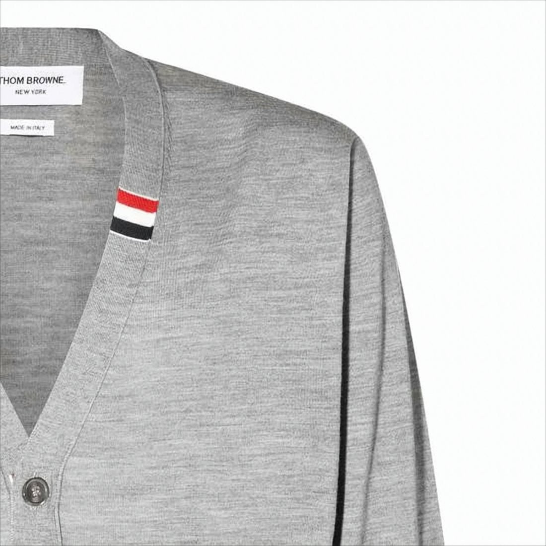 Thom Browne Lightweight Grey Cardigan With V-Neckline And Striped Accents
