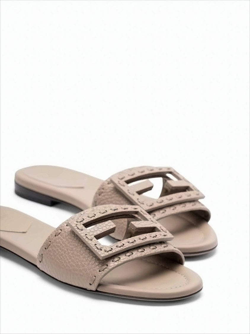 Fendi Geometric Buckle Slide Sandals In Textured Calf Leather