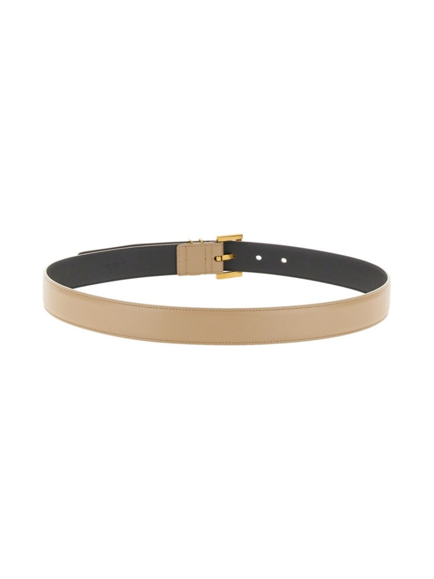 Saint Laurent Slim Calf Leather Belt With Gold-Tone Buckle