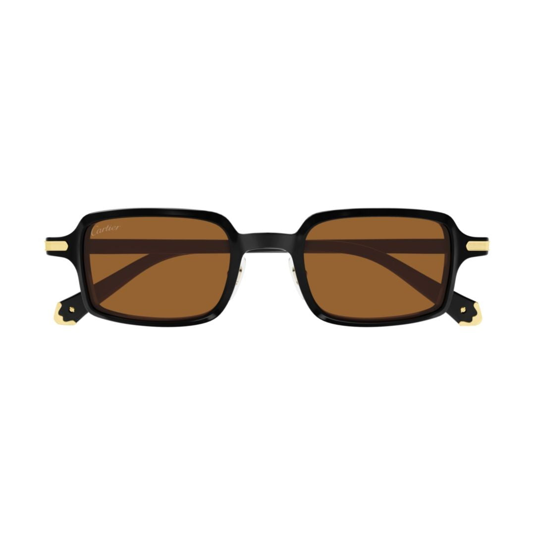 Cartier Glossy Black Rectangular Sunglasses With Brown-Tinted Lenses