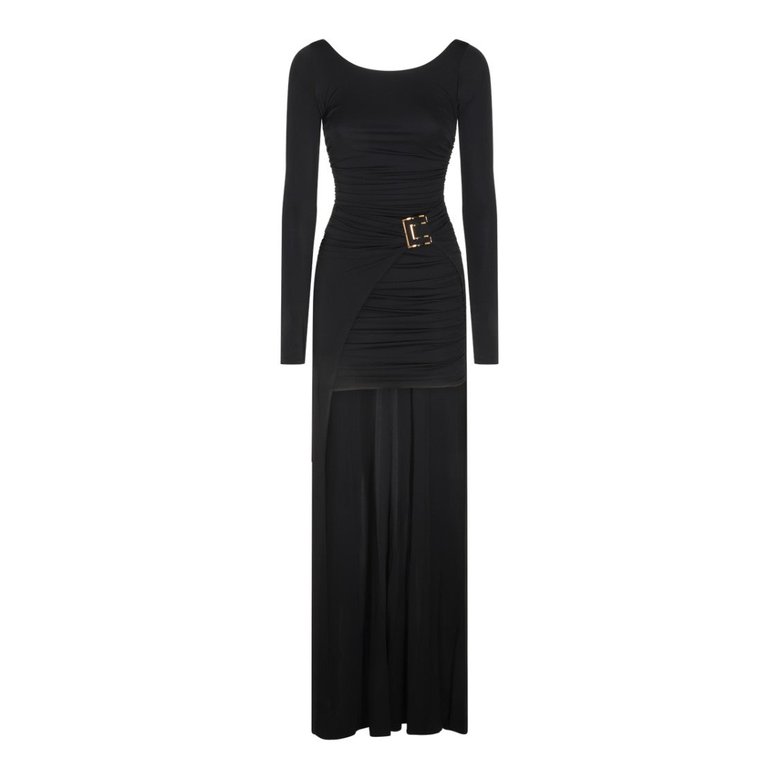 Elisabetta Franchi Floor-Length Ruched Gold Buckle Evening Dress