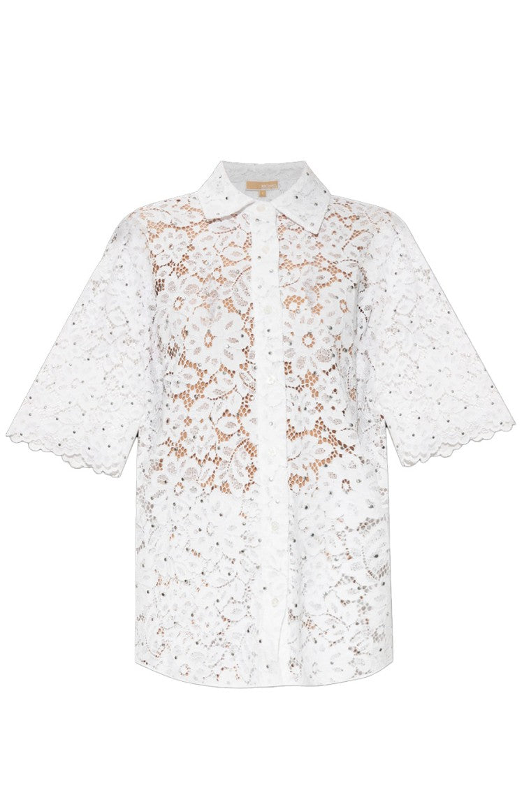 Michael Kors Lace-Detail Short Sleeve Button-Down Shirt