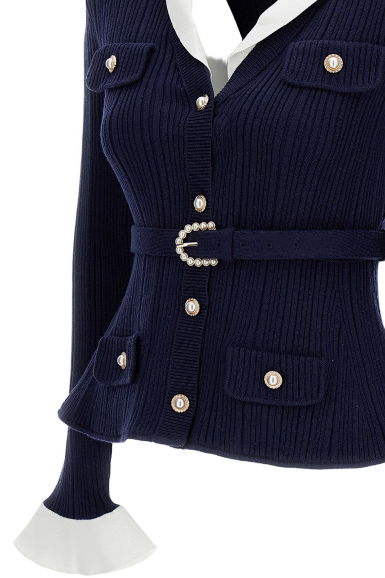 Self-Portrait Blue Navy/White Ribbed Belted Cardigan