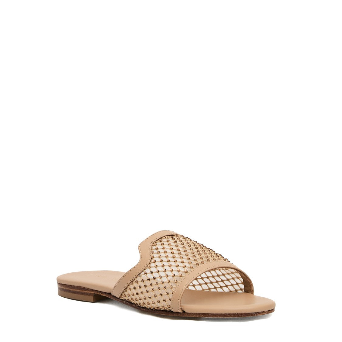 Paola Fiorenza Beige Leather Slipper And Rhinestones