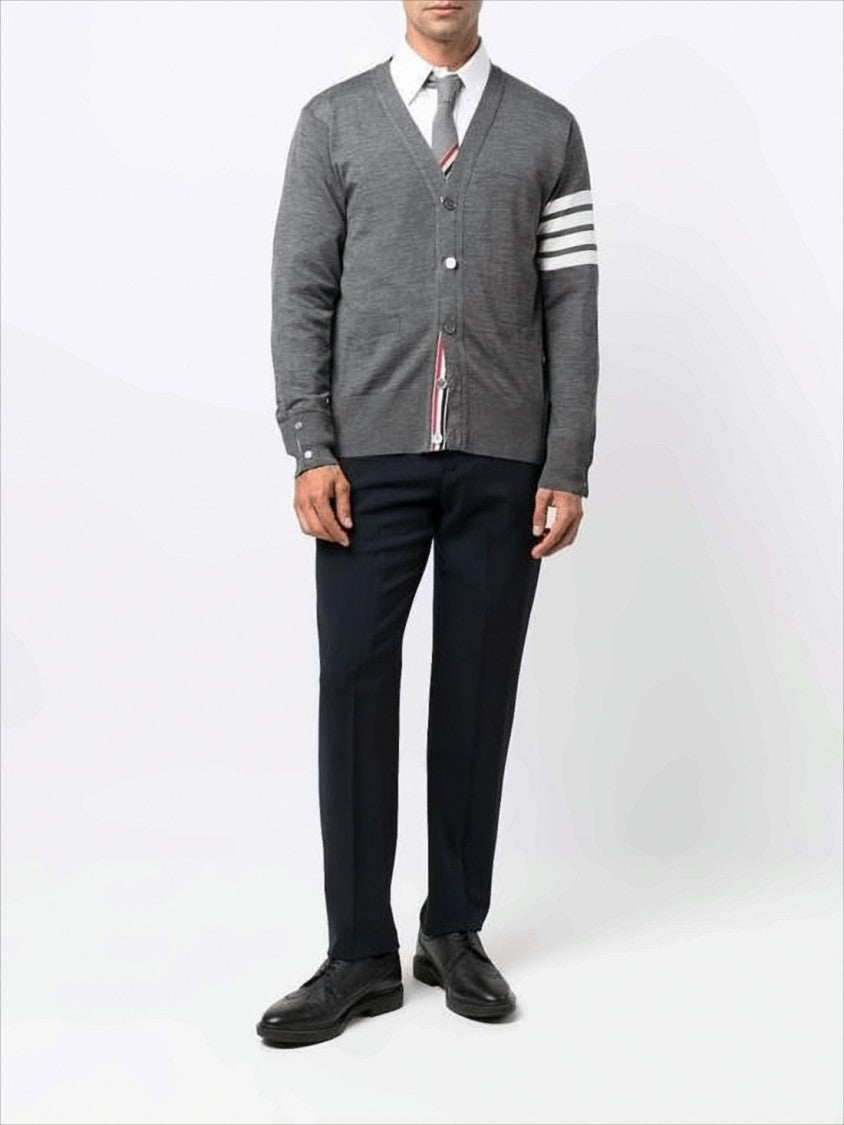 Thom Browne V-Neck Grey Wool Cardigan With Signature Striped Detail