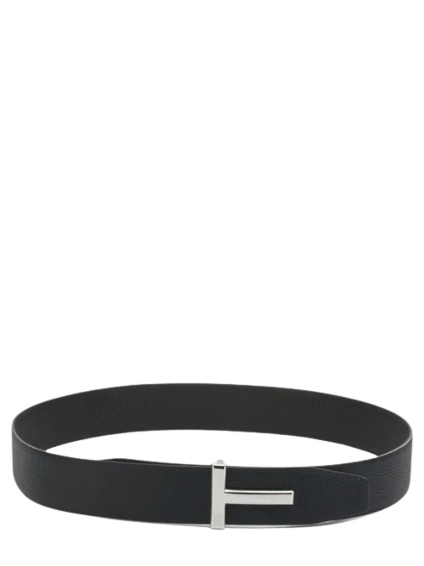 Tom Ford Textured Black Leather Belt With Polished Silver Buckle