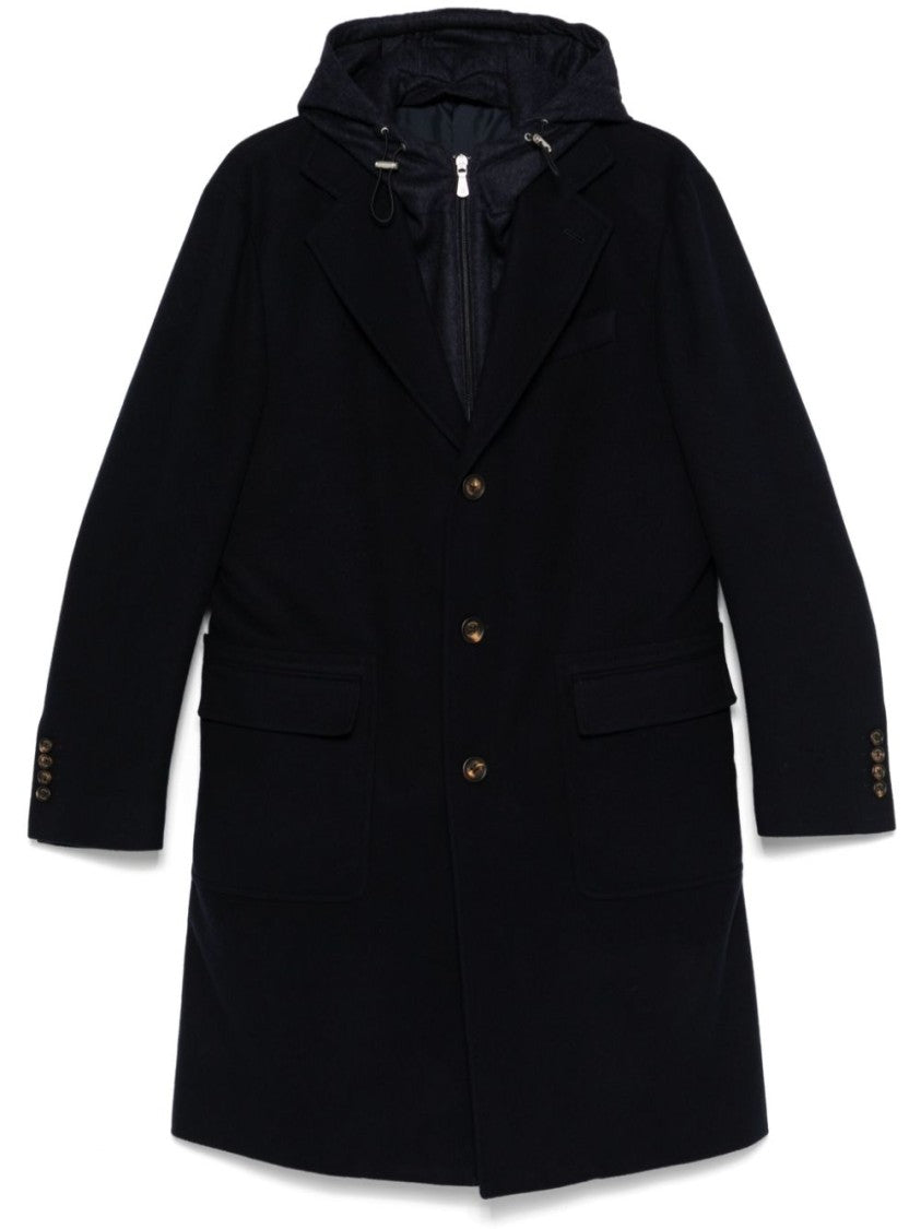 Eleventy Navy Blue Panelled Mid-Length Wool Coat