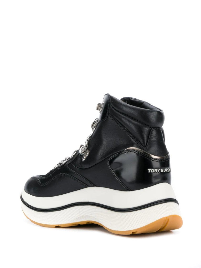 Tory Burch Long Black Leather Boots With Padded Ankle Collar And Contrasting Sole