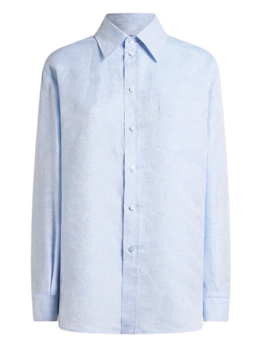 Etro Light Blue Linen-Cotton Shirt With Iconic Paisley Print