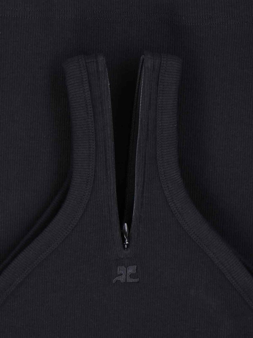 Courrèges Logo Top In Black Stretch Cotton Ribbed Knit
