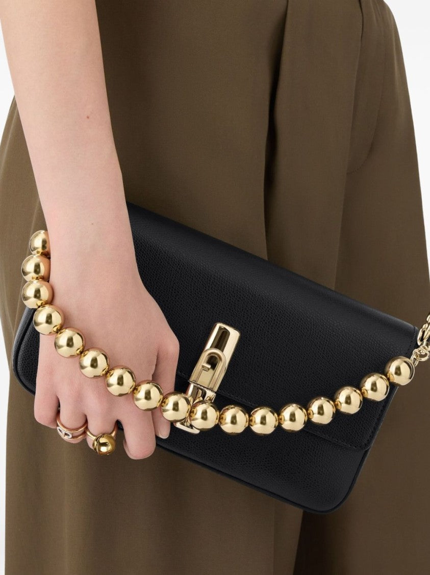 Furla Foldover Black Shoulder Bag With Gold Hardware