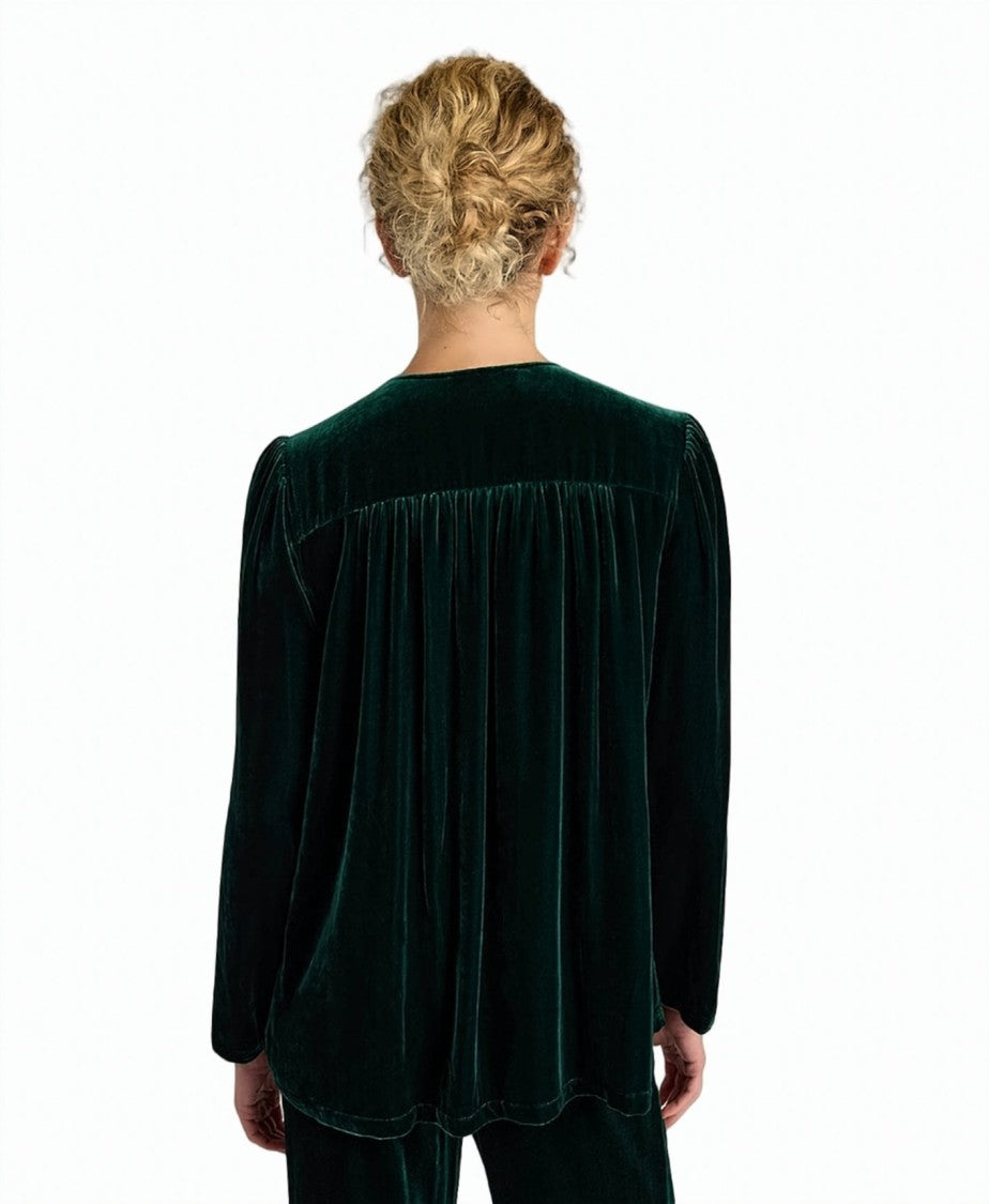 Momonì Apple Long-Sleeve Viscose-Silk Velvet V-Neck Blouse
