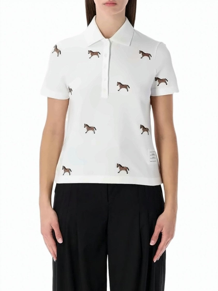 Thom Browne Embroidered Horse Motif Piqué Polo Shirt