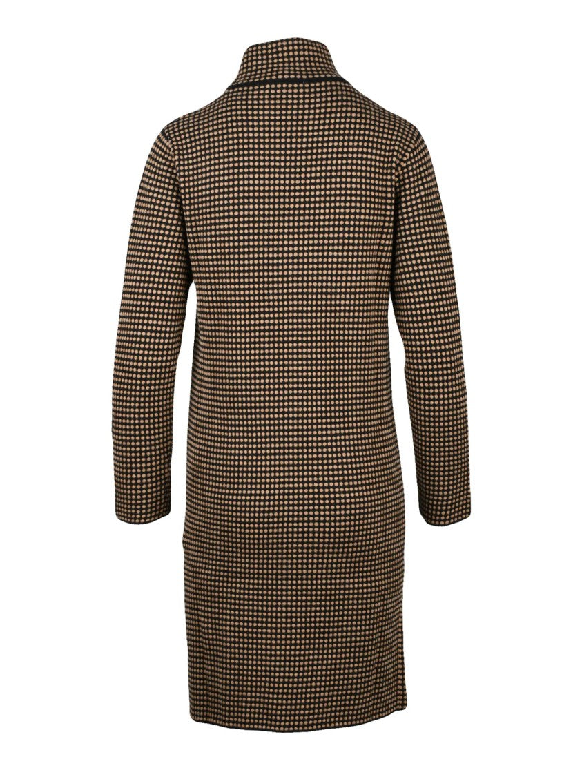 Kangra High Neck Knit Dress With Checkered Pattern And Side Slits