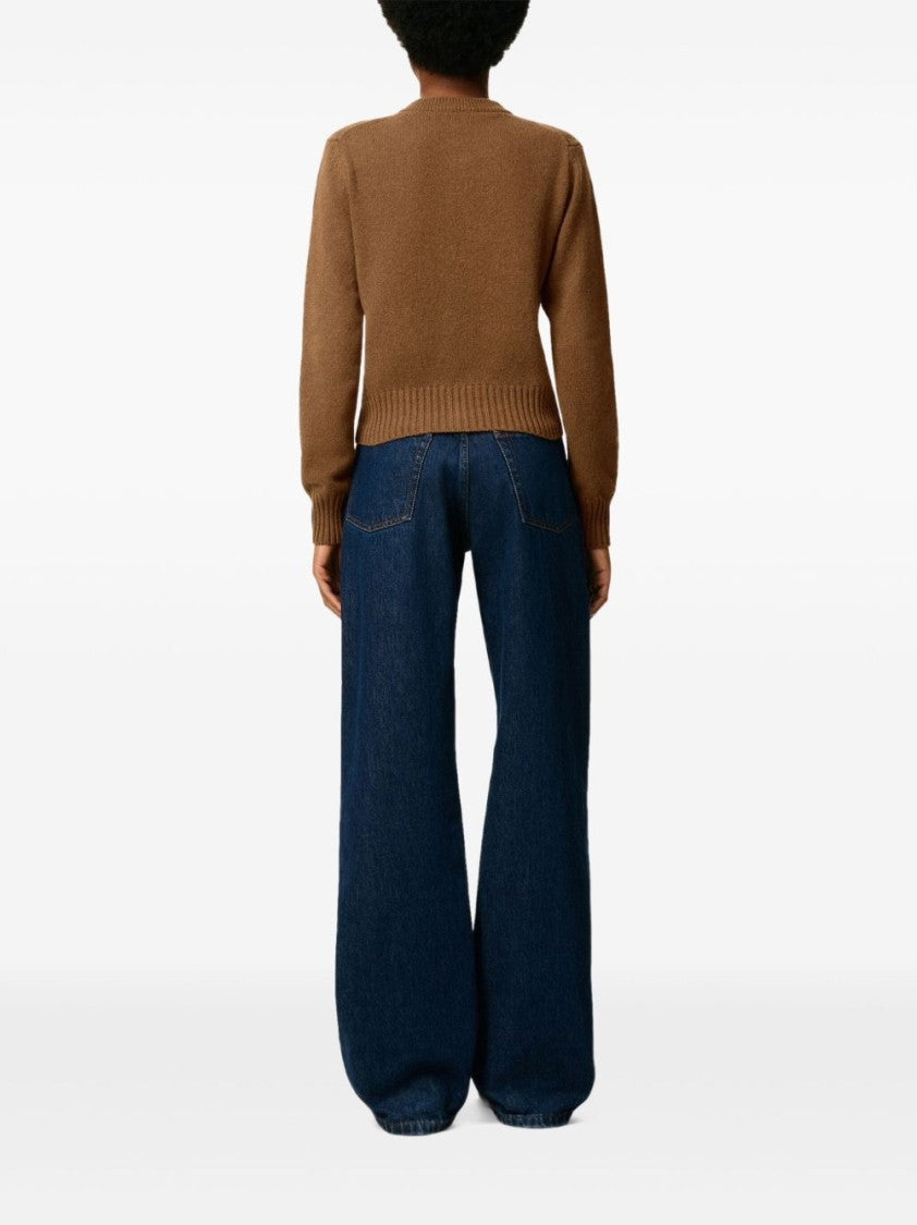 Ami Cropped Brown Wool Cardigan With Crew Neck And Ami De Coeur Embroidery