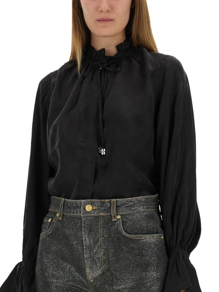 Ganni Black Fluid Cupro Shirt With Ruffled Collar