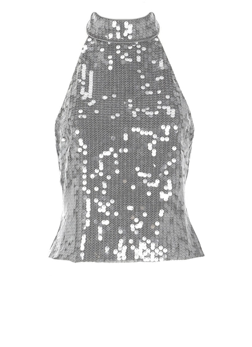 Rotate Sleeveless Silver Top With All-Over Paillettes