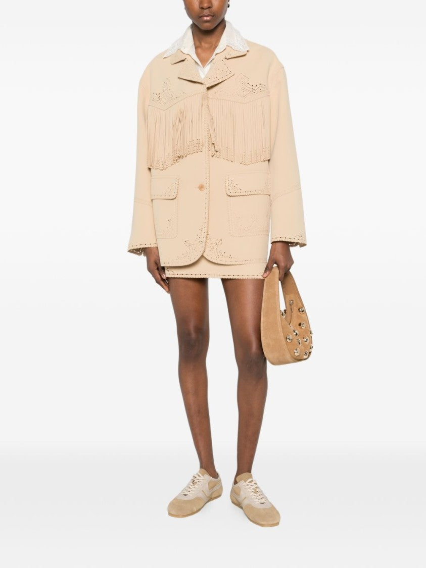 Ermanno Scervino Beige Relaxed-Fit Jacket With Decorative Fringe And Perforated Detailing