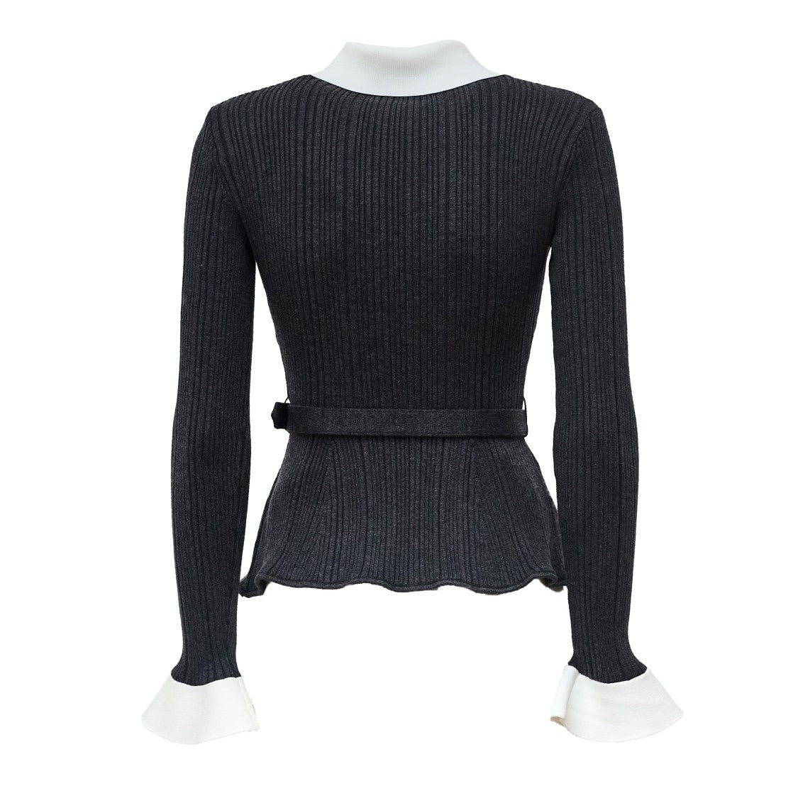 Self-Portrait Ribbed Knit Cardigan With Contrasting Collar And Pearl Accents