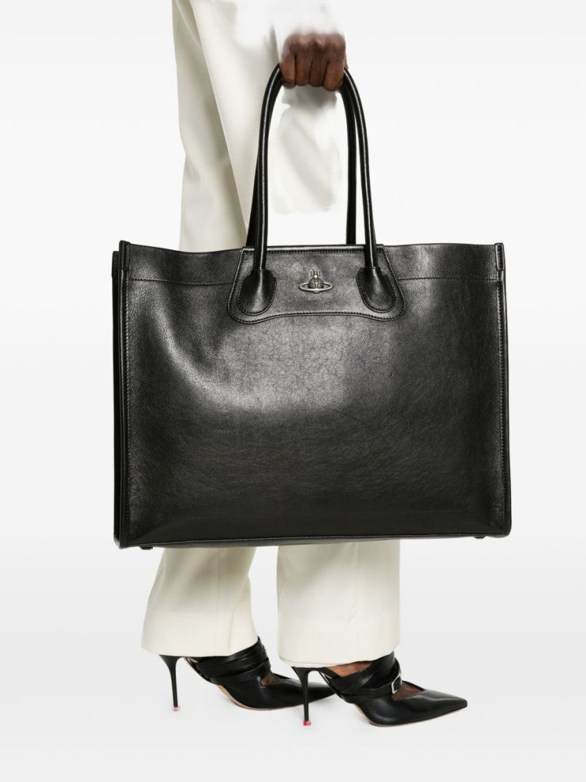 Vivienne Westwood Black Leather Orb Plaque Top Bag
