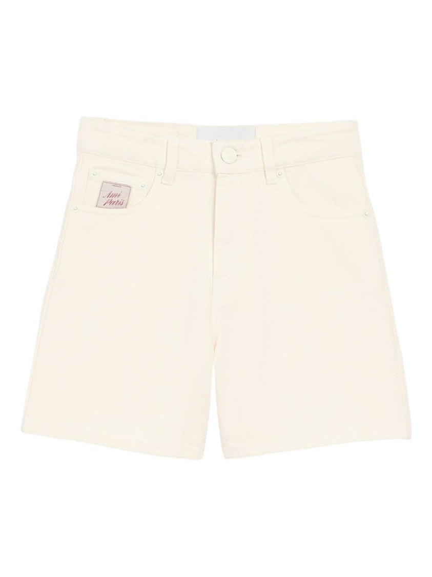 Ami Paris White Cream Denim Shorts With Tonal Topstitching And Classic Five-Pocket Design