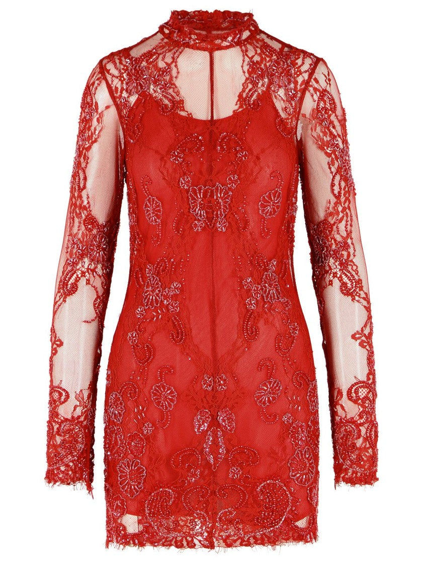 Blumarine Short Lace Dress With Red Embroidery