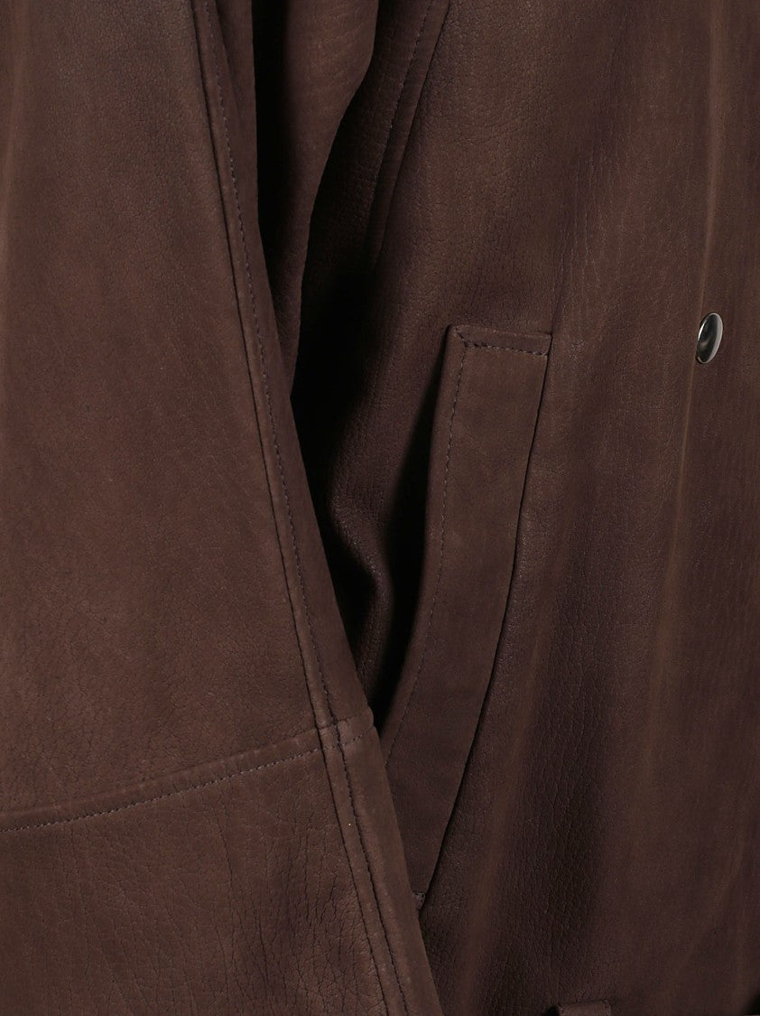 Iro Double-Breasted Brown Leather Jacket With Belted Waist