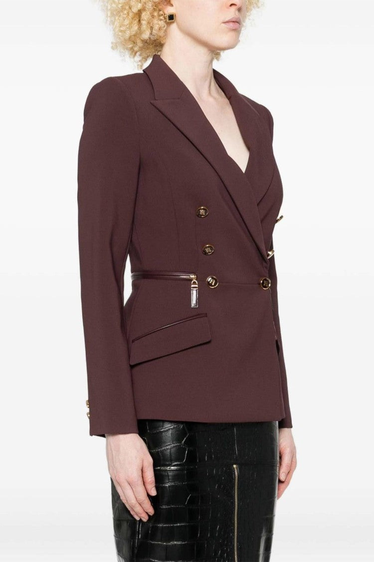 Elisabetta Franchi Burgundy Double-Breasted Gold Button Polyester-Blend Blazer
