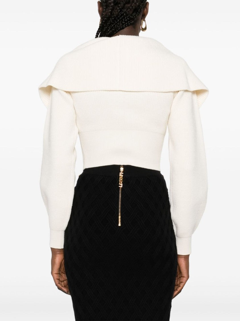 Elisabetta Franchi Cropped White Sweater With Fold-Over Collar