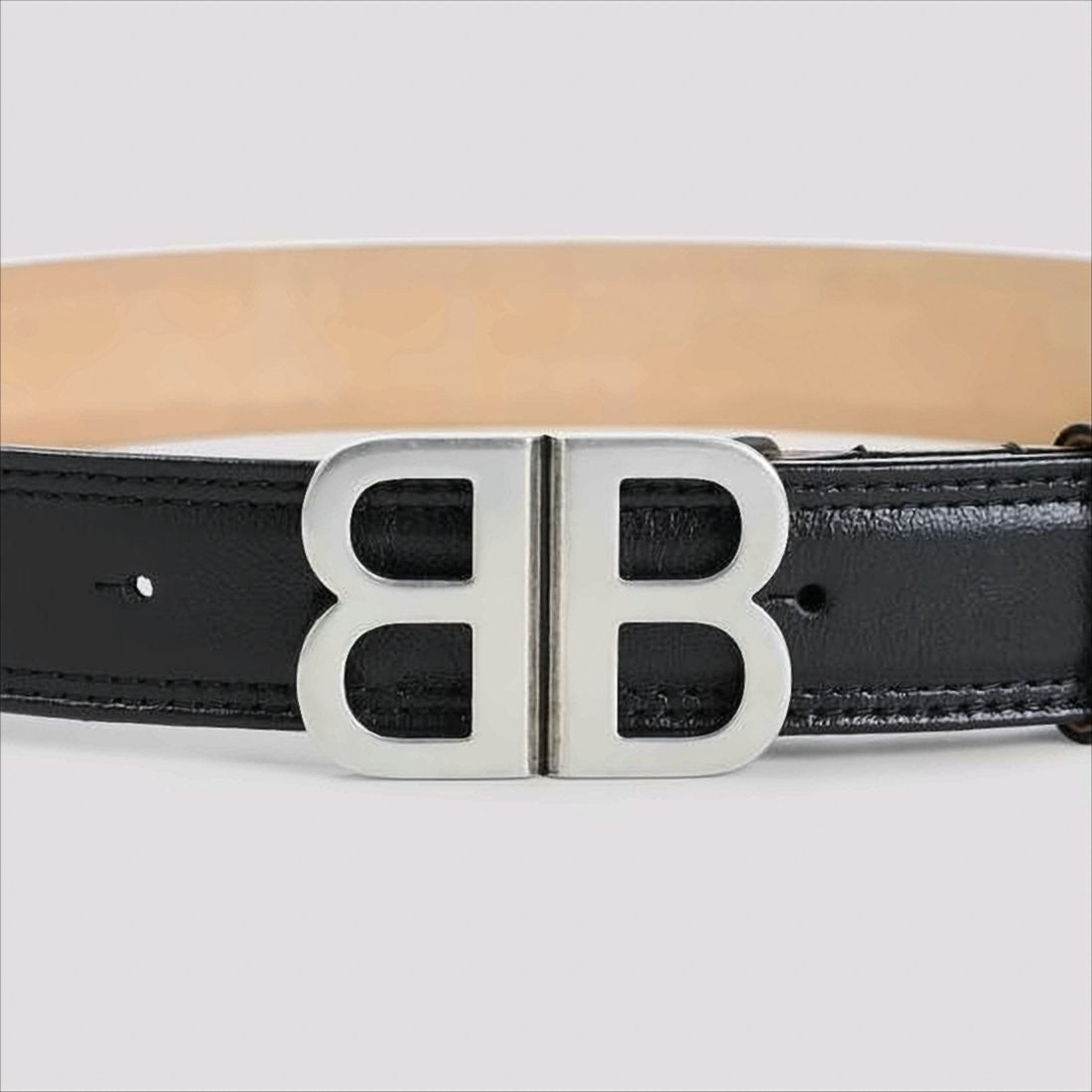 Balenciaga Smooth Black Leather Belt With Distinctive Silver-Tone Buckle
